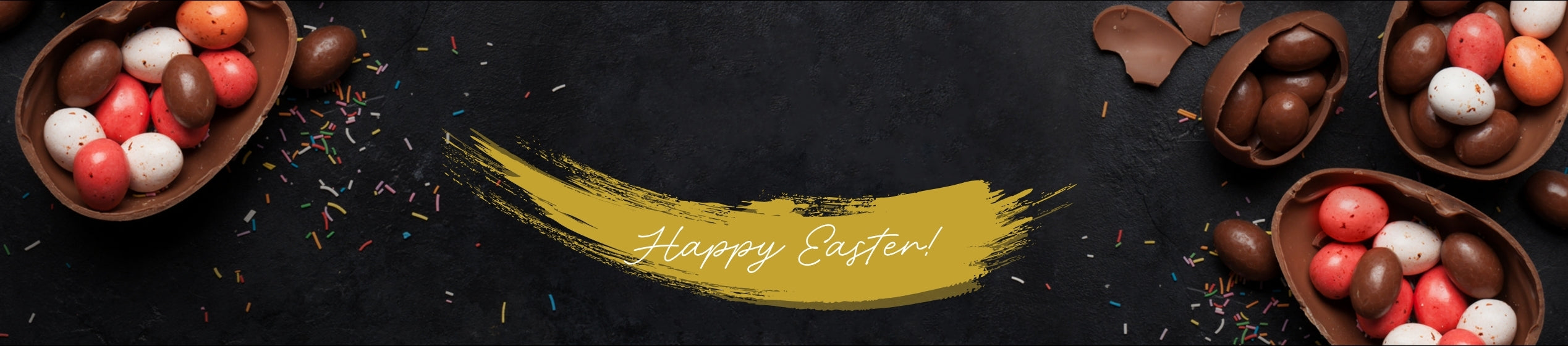 Easter-themed banner with chocolate eggs and 'Happy Easter!' text on a dark background